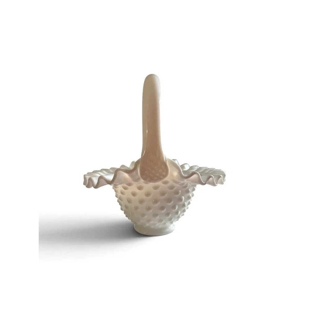 Vintage Fenton White Milk Glass Hobnail Basket w/Handle. Candy Trinket Bowl. EC